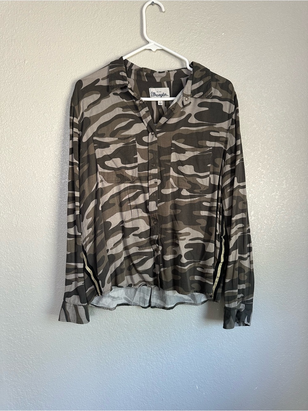 Wrangler Green Camo Button Down Collared Long Sleeve Top with Glitter Detail